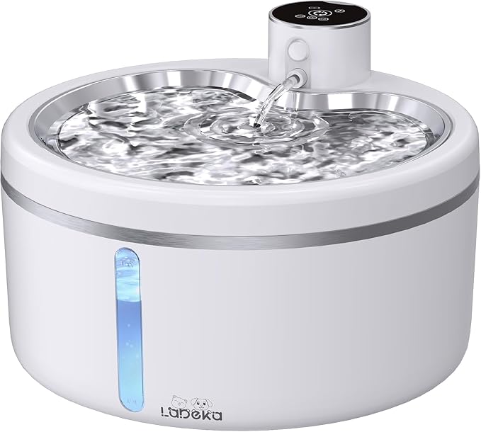 Wireless Cat Water Fountain [with Stainless Steel Tray], 84oz/2.5L Pet Fountain for Cats Inside, Cat Fountain for Drinking with Motion Sensor by LABEKA