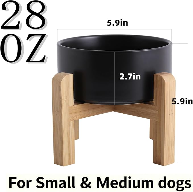 Elevated/Raised Ceramic Dog Bowl with Bamboo Stand，6 Inch 3.6 Cups Non Slip Heavy Weighted Single Pet Dish, for Small Medium Breed & Cats,Reduces Neck Strain Black - Image 3