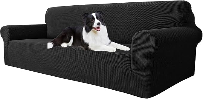MAXIJIN Super Stretch Couch Cover for 3 Cushion Couch, 1-Piece Universal Sofa Covers Living Room Jacquard Spandex Furniture Protector Dogs Pet Friendly Fitted (Extra Large, Black) by MAXIJIN