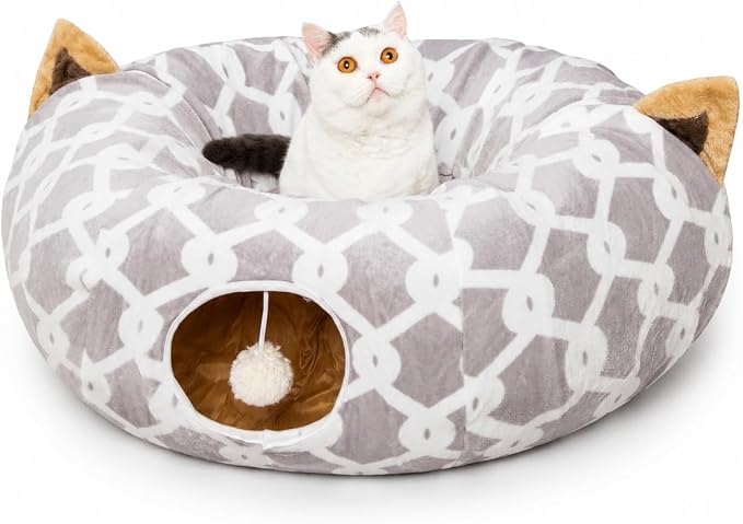 Large Cat Tunnel Bed Under Christmas Tree with Fluffy Toy Balls, Small Cushion and Flexible Design- 10 inch Diameter, 3 ft Length- Great for Cats, and Small Dogs, Gray Geometric Figure by MAKEPETLUCKY-WelcometoCatTunnelClub