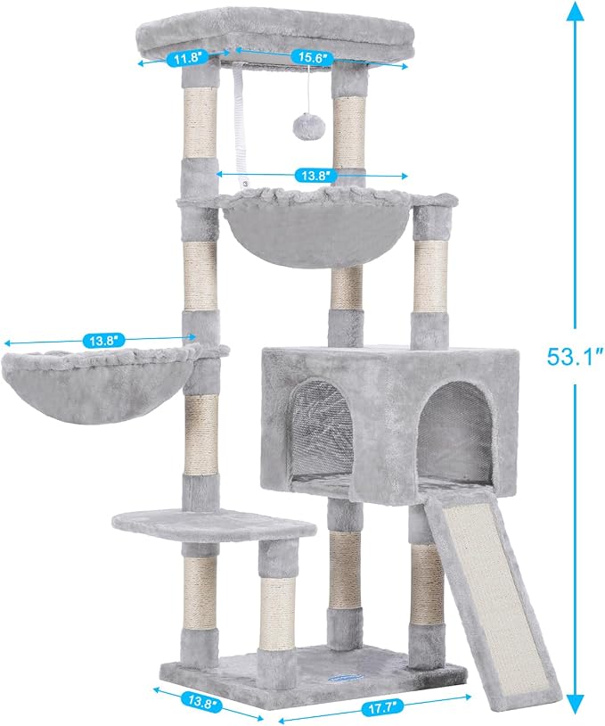 Hey-brother Large Cat Tree, Cat Tower for Indoor Cats, Cat House with Padded Bed, Cozy Condo, Hammocks, Sisal Scratching Posts, Big Scratcher, Light Gray MPJ006-MW - Image 3