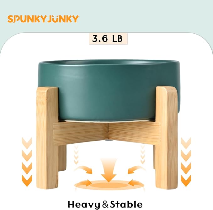 SPUNKYJUNKY Ceramic Elevated Dog Bowls 2 Pack - 8.3inch Raised Dog Bowls with Non-Slip Wooden Stand for Large Dogs Dishwasher Safe(Green,60OZ*2) - Image 6
