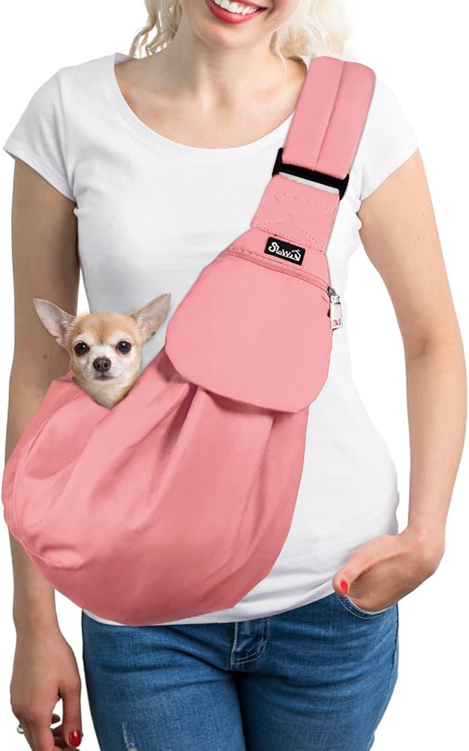 SlowTon Dog Carrier Sling - Thick Padded Shoulder Strap Adjustable, Peach S | Dog Carriers for Small Dogs, Puppy Carrier Purse for Pet Cat with Front Zipper Pocket Safety Belt Machine Washable by SlowTon