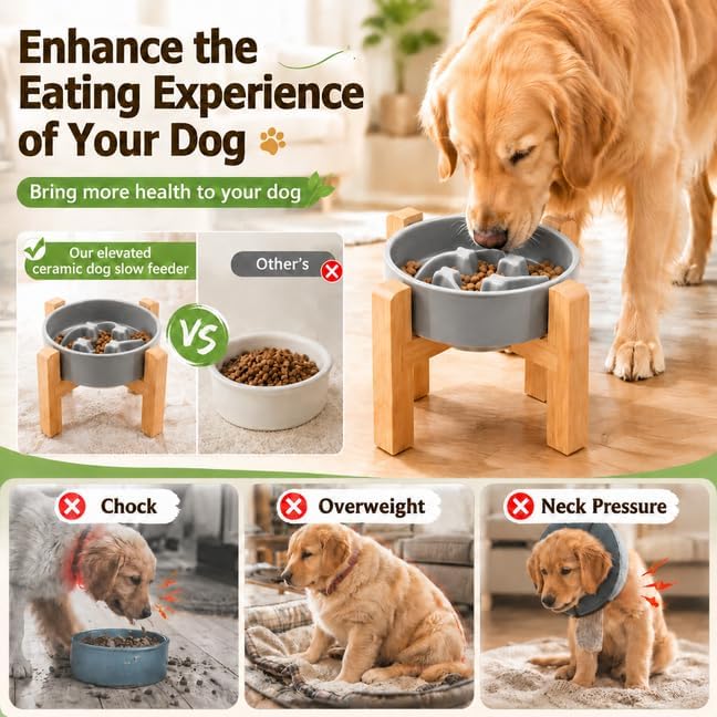 Elevated Ceramic Slow Feeder Dog Bowls Anti-Choking Slow Feeding for Small&Medium Size Anti-Slip Non-Lead & Toxic Durable Easy to Clean Maze Slow Feeder Bowl（8.26in Gray Stars Pattern） - Image 4