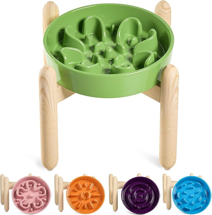 LE TAUCI Ceramic Slow Feeder Dog Bowls Elevated, 3 Cup Raised Bowl with Wooden Stand for Medium Large Breed, Slow Down Eating, Puzzle Dog Food Bowl, Clover Green by LETAUCI