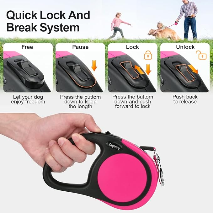 Taglory Retractable Dog Leash, One-Handed Brake, 16ft, Up to 44 lbs, Pink | More Freedom While Staying in Control, Smooth Retraction, Tangle-Free Design, Easy-Grip Handle, Daily Neighborhood Walks - Image 3