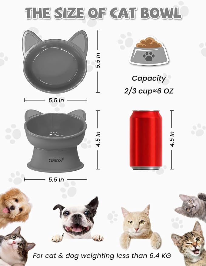 YINEYA Cat Bowls, Cat Food Bowl Elevated to Protect Neck & Anti-Vomit, Whisker-Friendly Raised Food & Water Bowls for Indoor Cats/Small Dogs, Cute Pet Feeding Bowl 6 OZ Each, Dishwasher Safe, Gray - Image 4