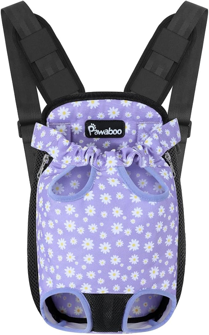Pawaboo Pet Front Carrier Backpack for Small Medium Dogs | Legs Out Easy-fit,Adjustable Straps,Hands-Free,Soft Padded Support for Travel Hiking Cycling Camping,Black Purple Daisy,XL by Pawaboo