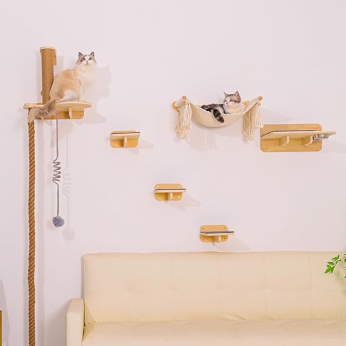 Cat Wall Shelves, Large Wall-Mounted 6-in-1 cat Furniture Set (Climbing Rope+Sisal Scratching Post+Macrame Resting Hammock+Interactive Toys Ball+Feeding Bowls Station+3 Wall Steps) for Indoor Kitties - Image 8