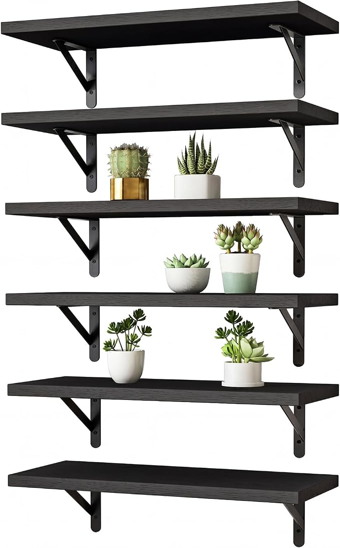 YGEOMER 16.5in Floating Shelves for Wall Home Decor, Black Set of 6 | Rustic wood shelves with metal brackets. Space-saving for books & decor. Works in bathroom, kitchen, living room & bedroom. by YGEOMER