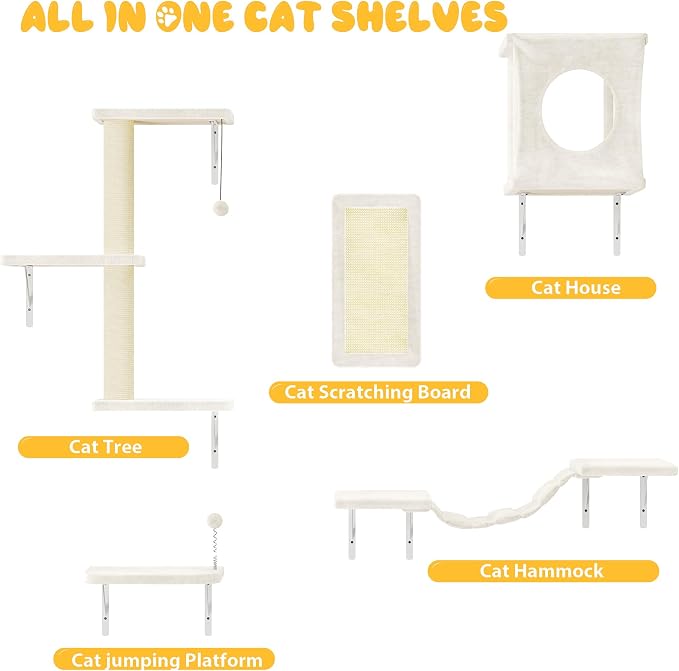 Cat Wall Shelves, 10-in-1 Wall-Mounted Cat Furniture Set | Large Cat Climber Set with House, Bridge, Steps, Scratcher, DIY Playground, Shelves for Indoor Wall Furniture Set, Beige - Image 4