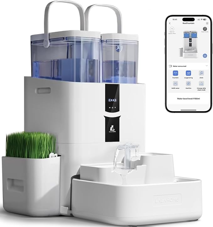 Automatic Cat Water Fountain 10L/338oz Self Filling and Cleaning, Pet Water Dispenser with Filter System for Dogs, 5G Wi-Fi Smart Bowl Wastewater Separation & No Slimy with Quiet Pumps by LALAHOME