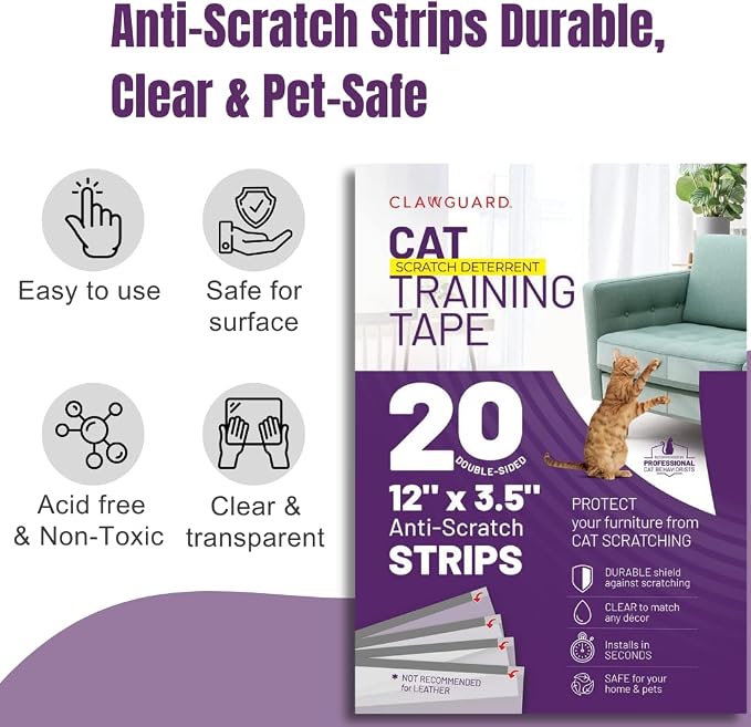 Cat Training Tape Strips – 20 Pre-Cut Double-Sided Anti Scratch Shields (12x3.5 in) – Cat Scratch Furniture Protector for Sofa & Surfaces - Image 5