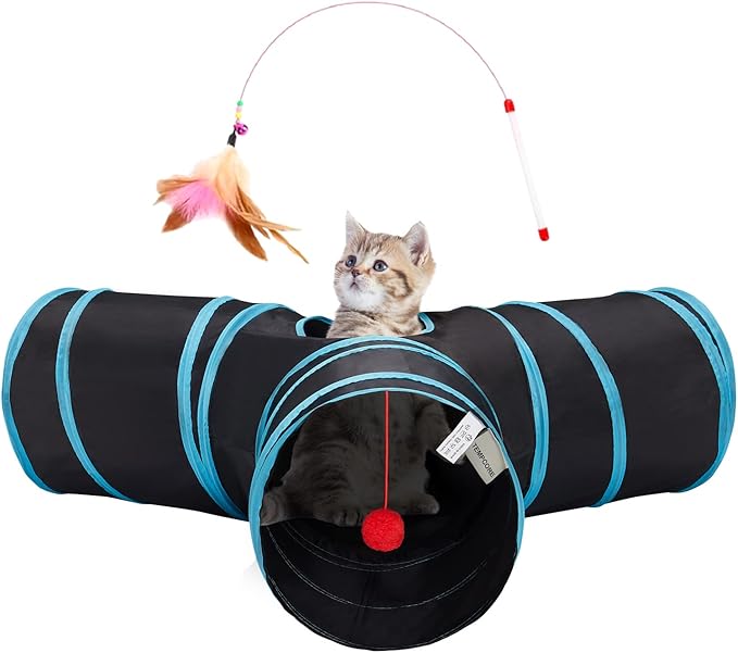 Tempcore Pet Cat Tunnel Tube Toys 3 Way Collapsible, Tunnels for Indoor Cats, Interactive Tube with Teaser Wand, Peek Holes & Hanging Ball, Black & Blue by Tempcore