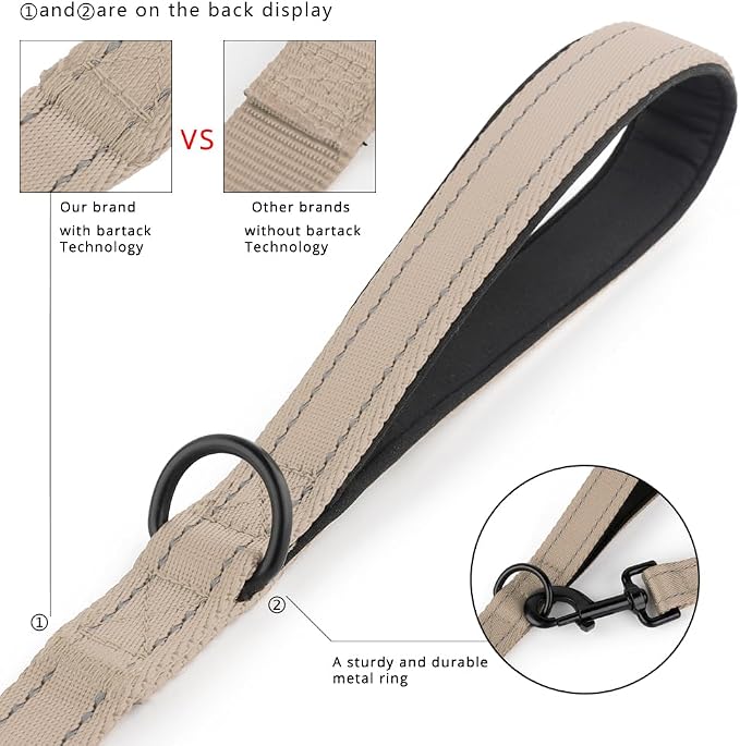 Plutus Pet Double Handle Dog Leash, 4 FT Long, for Medium Large Dogs | Reflective Nylon, Soft Padded 2 Handles, Heavy Duty for Training, Dual Handle Lead, 4 FT x 1”, Beige - Image 3