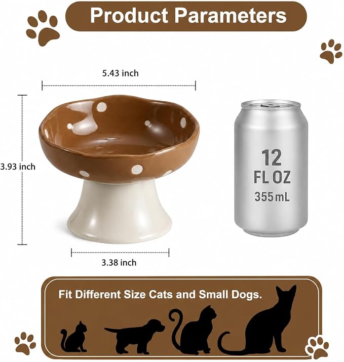 Brown Mushroom Cat Bowl, Elevated Ceramic Bowl for Cats | Cute, Elevated, Ceramic, Whisker Friendly, Dishwasher Safe - Image 2