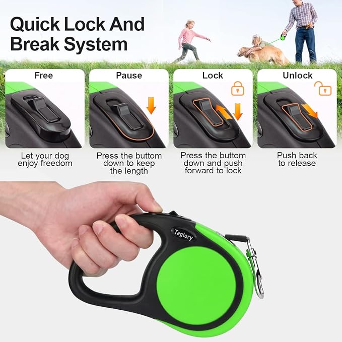 Taglory Retractable Dog Leash, One-Handed Brake, 16ft, Up to 44 lbs, Green | More Freedom While Staying in Control, Smooth Retraction, Tangle-Free Design, Easy-Grip Handle, Daily Neighborhood Walks - Image 3