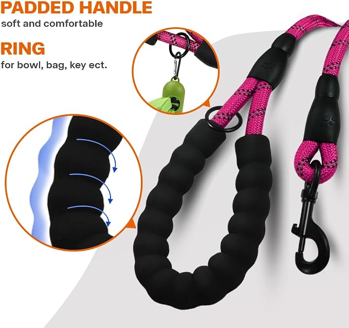 Taglory Rope Dog Leash for Medium Large Dogs, 6 FT Padded Handle, Hotpink | Climbing Rope for Strong Pullers, Reflective for Night Walks and Training, Comfortable Grip, Anti-tangle Swivel Clip 1/2 inch - Image 4