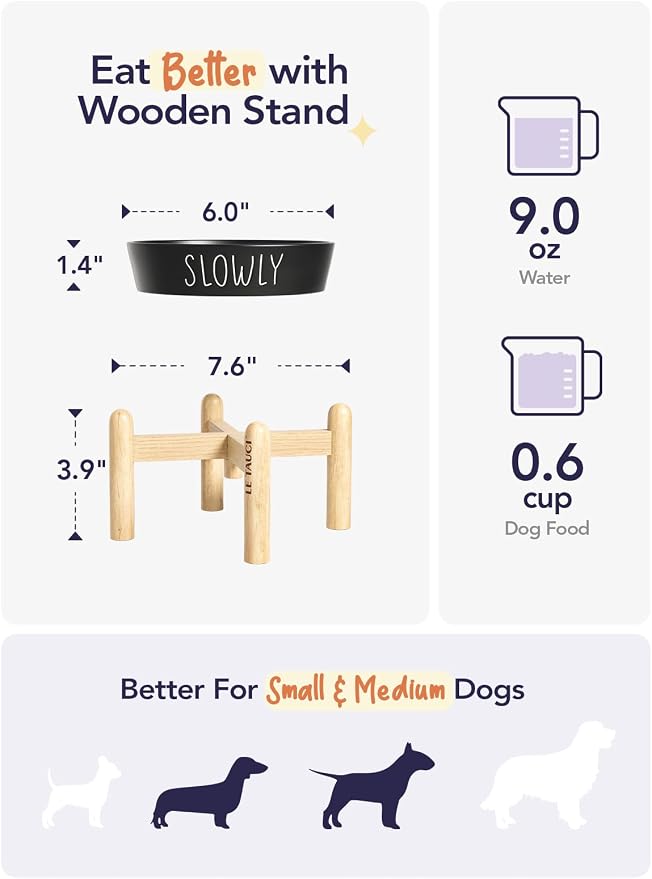 LE TAUCI PET Ceramic Slow Feeder Dog Bowls Elevated, 0.6 Cups Raised Dog Bowl with Wooden Stand for Small Breed to Slow Down Eating, Puzzle Food Bowl,Black - Image 3