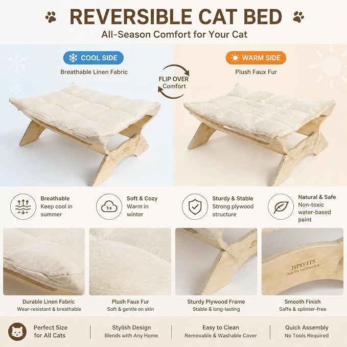 JSPYFITS Elevated Cat Bed Hammock, Raised Cat Bed with Dual-Sided Plush & Linen Cushion, Machine Washable & Breathable Cover Tool Free Easy Assembly, up to 66Lbs (White) - Image 5