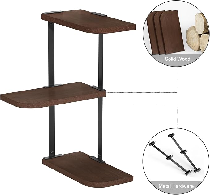 Love-KANKEI Corner Wall Shelf 3 Tier,Solid Wood with Bracket,17"Tall,Walnut | Floating Wall Shelves,Easy to Install,Capacity 26 Lbs,For Bedroom Living Room Bathroom Kitchen Office Display,Wall Decor - Image 5