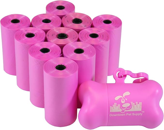 Downtown Pet Supply Poop Bags for Dogs with Dispenser, 220 Count - Leak-Proof Dog Waste Bags and Bone-Shaped Dog Poop Bags Holder for Leash - Pink, 12.5" x 8.5" by DowntownPetSupply