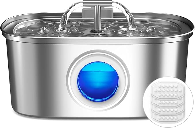 Cat Water Fountain Stainless Steel: 108oz/3.2L Cat Fountain with 4 Filters | Pet Drinking Fountains for Cats Inside - Automatic Cat Feeding & Watering Supplies - Water Level Window by Rellaty