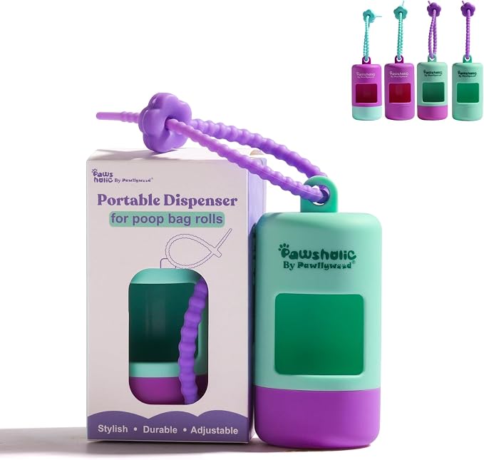 Dog Poop Bag Dispenser Fits All Dog Leash, Poop Bag Holder with Adjustable Silicone Strap, Doggy Walking Accessory, Without Rolls (green+purple) by PAWSHOLIC