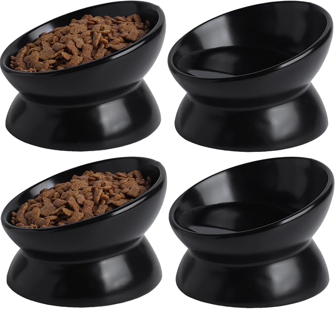 Elevated Ceramic Cat Bowl, 15° Tilted Raised Food & Water Dishes, Anti-Vomiting & Neck Protection Pet Feeder for Kittens, Small Dogs (5.2", Black, 4pc Set) by KITCHENLESTARaddsmorebeautifulcolourstoyourlife