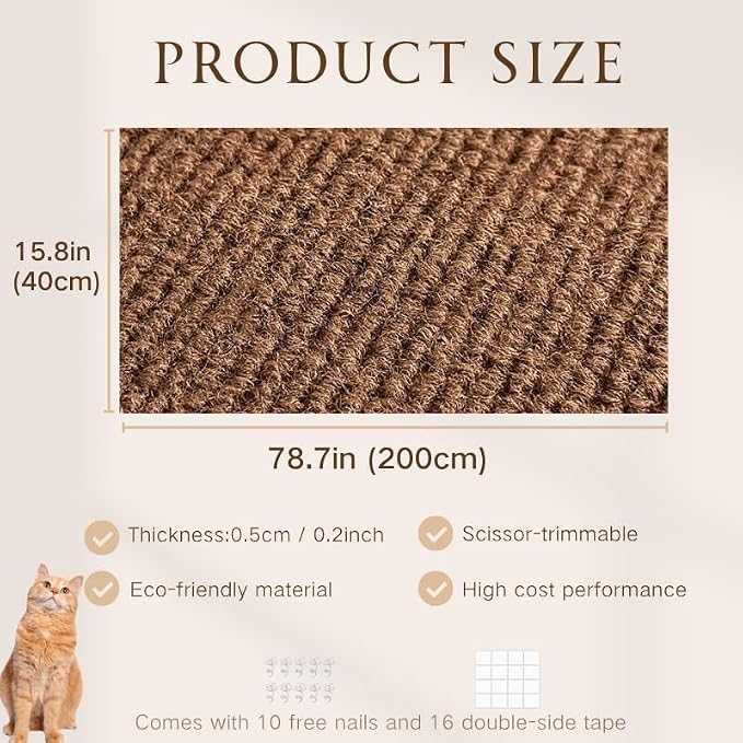 78.7"x15.8" Cat Scratching Carpet Mat Furniture Protector, Covering DIY Cat Tower,and Replacement Pads, Self-Adhesive Trimmable Mat Brown - Image 2