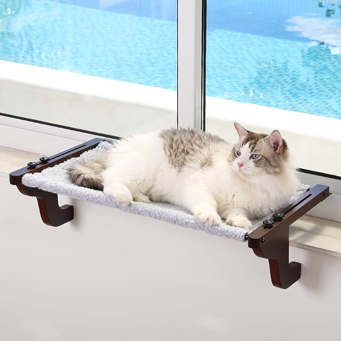 Zakkart Easy Seat Cat Perch for Window Sill - Hammock Design w/Premium Wood & Robust Metal Frame - Cat Window Seat for Large Cats and Kittens (Dark Stained Wood w/Gray Bed, Large (26''W x 14''D)) by Zakkart