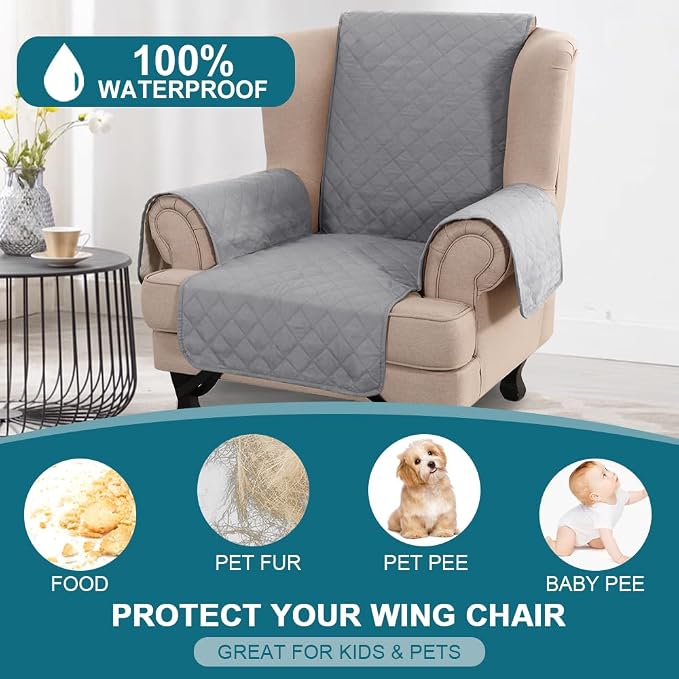 Turquoize 100% Waterproof Wing Chair Cover Wing Armchair Slipcovers Chair Couch Protector Triple Non-Slip Sofa Slipcover for Wing Chair Furniture Protector for Pets, Kids,Dog (Wing Chair, Dove Gray) - Image 2