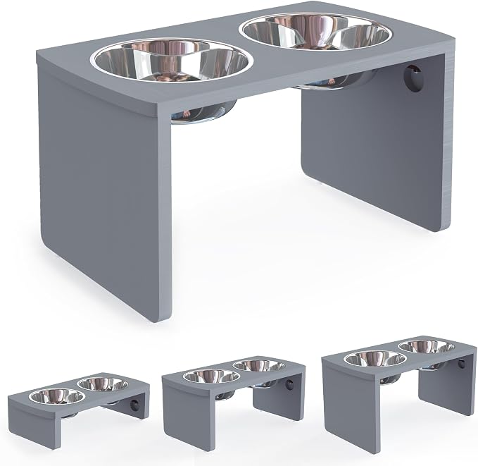 Elevated Dog Bowls, Bamboo Raised Dog Bowl for Large Dogs, with 2 Stainless Steel Bowls (13'' Tall-68 oz Bowl, Grey) by JoyoPawFamily