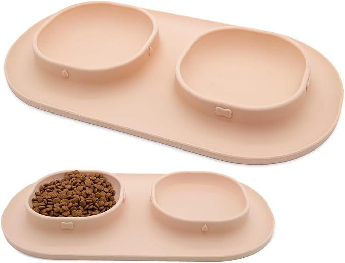 Dog Food Bowls Pet Bowls & Dog Water Bowls with No-Spill and Non-Skid, Feeder Bowls with Dog Bowl Mat for Small Medium Large Size Dogs Cats Puppy Pets, Dog Dishes (Khaki) by WEYOVGO