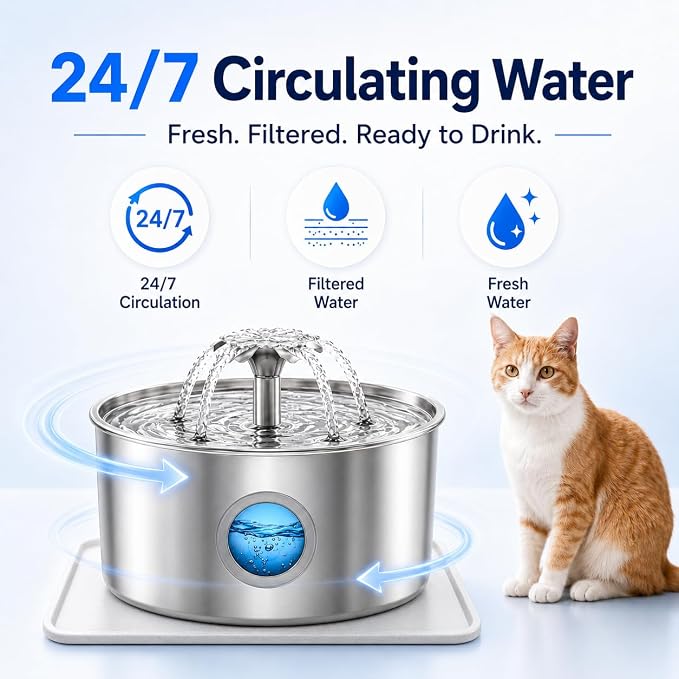 Cat Water Fountain, 3.2L 108Oz Stainless Steel Pet Fountain, 8 Filters | Stainless steel cat fountain, dishwasher safe with triple filtration, quiet pump and visible water window for cats and dogs. - Image 6