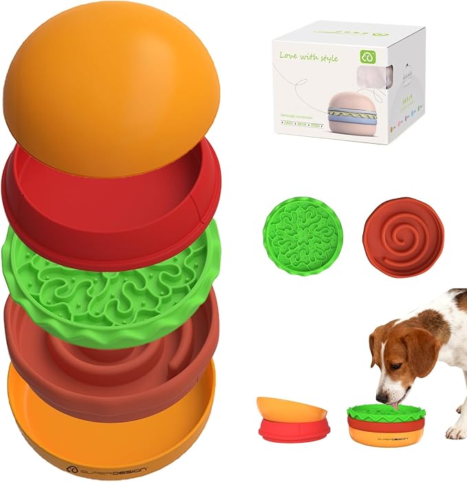 5-in-1 Dog Bowls Set, 6.1 inch Cute Colorful Hamburger-Shaped Dog Food Bowl Stackable for Easy Storage and Travel, Cat Bowls for Food and Water, Pet Bowls Suitable for Small and Medium Dogs (Orange by SUPERDESIGN