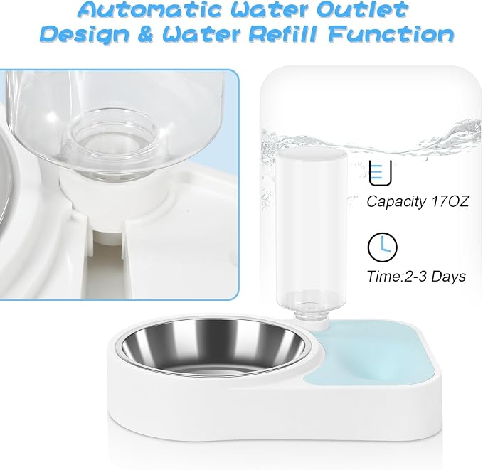 JUST RUN Double Dog Cat Bowls, Dog Cat Food and Water Bowl Set with Automatic Water Dispenser Bottle, Super Big Detachable Stainless Steel Food Bowl for Small Dogs Puppy and Cats Kitten Rabbit(Blue) - Image 5