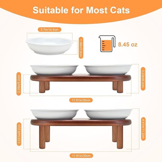 SPUNKYJUNKY Shallow Elevated Cat Bowl with Acacia Wood Stand Wide Raised Ceramic Cat Dishes Whisker Friendly Pet Food and Water Plates (Striped Pattern, White) - Image 2