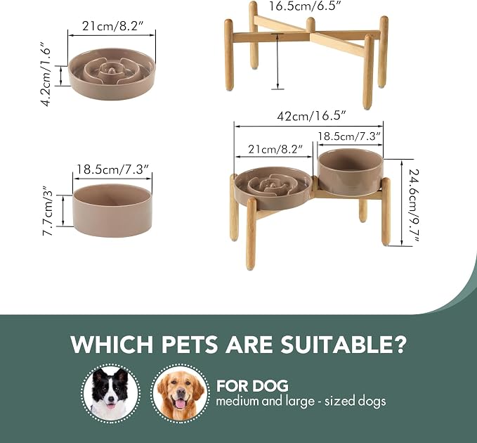 Havniva Elevated Slow Feeder Dog Bowls, Ceramic Dog Bowl Slow Feeder Set | 1.6 Cups Raised Slow Feeder Dog Bowl for Medium Breed, 7.3” Dog Water Bowl with Wooden Stand, Puzzle Dog Food Bowl, Non-slip - Image 2