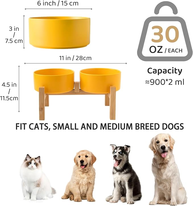 Raised Ceramic Dog Bowl Set - Elevated Dog Bowls with Non Slip Bamboo Stand, Food and Water Bowl Set for Small and Medium Breed Dogs, Pet Bowls, Weighted Dogs Dishes (6'', 2 * 30OZ, Yellow) - Image 3
