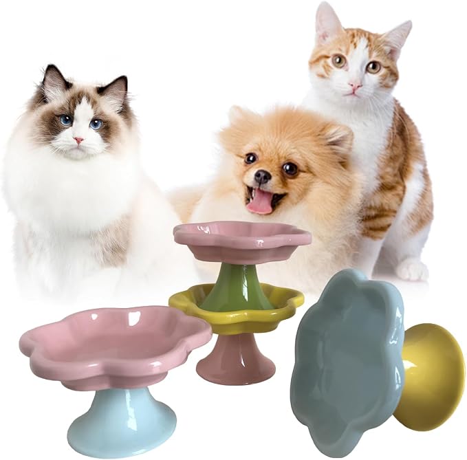 Ceramic Elevated Cat Bowls Flower Dish,Small Raised Dish.Flower Ceramic Raised Bowls for Cats and Small Dogs reducing pet’s Neck Bending and Pressure （Blue Yellow） - Image 4