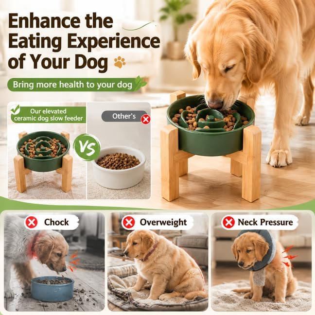 Elevated Ceramic Slow Feeder Dog Bowls Anti-Choking Slow Feeding for Small&Medium Size Anti-Slip Non-Lead & Toxic Durable Easy to Clean Maze Slow Feeder Bowl（8.26in Olive Green Flower Pattern） - Image 4