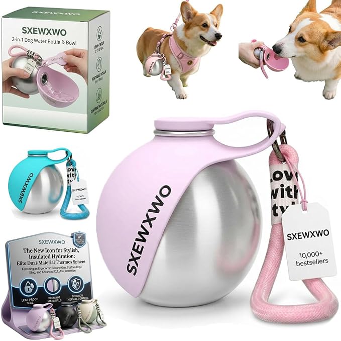 The 2-in-1 Dog Water Bottle & Bowl 2026 New Portable Trave Pet Dispenser Perros Silicone Water Ball Spill Proof Container Design on Walks Walking Hiking Insulated Round Botella Animal (Pink) by Unknown