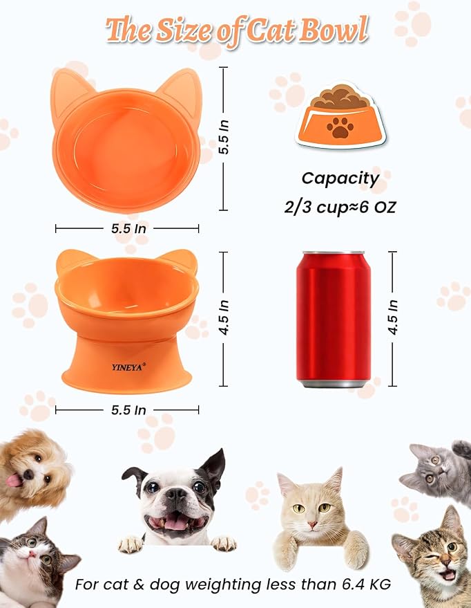 YINEYA Elevated Cat Bowls 2 Pcs, Cat Food Bowl to Protect Neck & Anti-Vomit, Whisker-Friendly Raised Food and Water Bowls Set for Indoor Cats/Small Dogs, Cute Pet Feeding Bowl 6 OZ Each, Orange&Green - Image 4