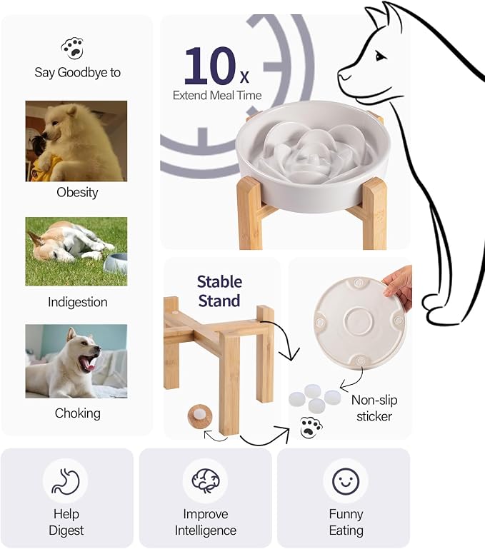8.26 in White Dog Bowl Slow Feeder Ceramic for Medium and Large Breed, Elevated/Raised Slow Feeding Dog Food Water Dish Heavy Weighted,Puppy Dish for Fast Eaters,Puzzle Eating Bowl Modern Maze - Image 3