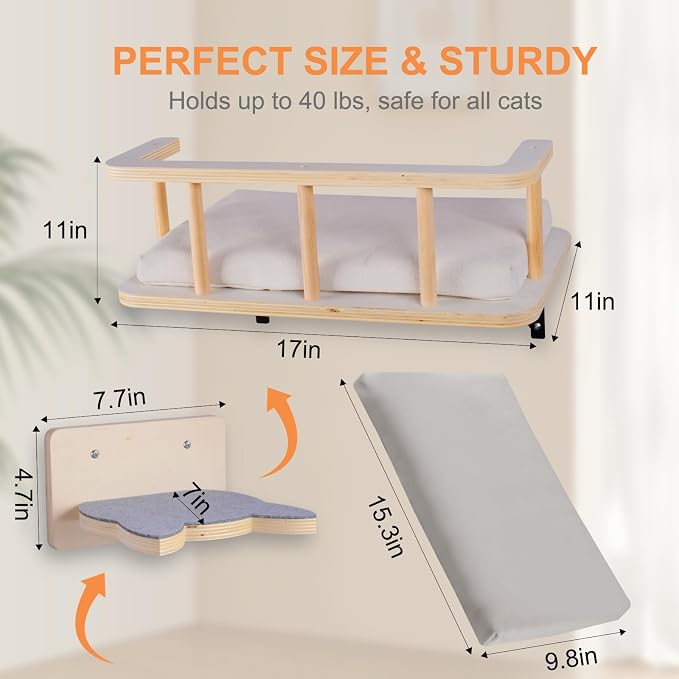 Large Cat Wall Shelves with 5 Steps - Heavy Duty Cat Wall Furniture, Climber, Shelves & Perches with Comfy Cushion & Guardrails, Space-Saving for Indoor Cats(Dark) - Image 2