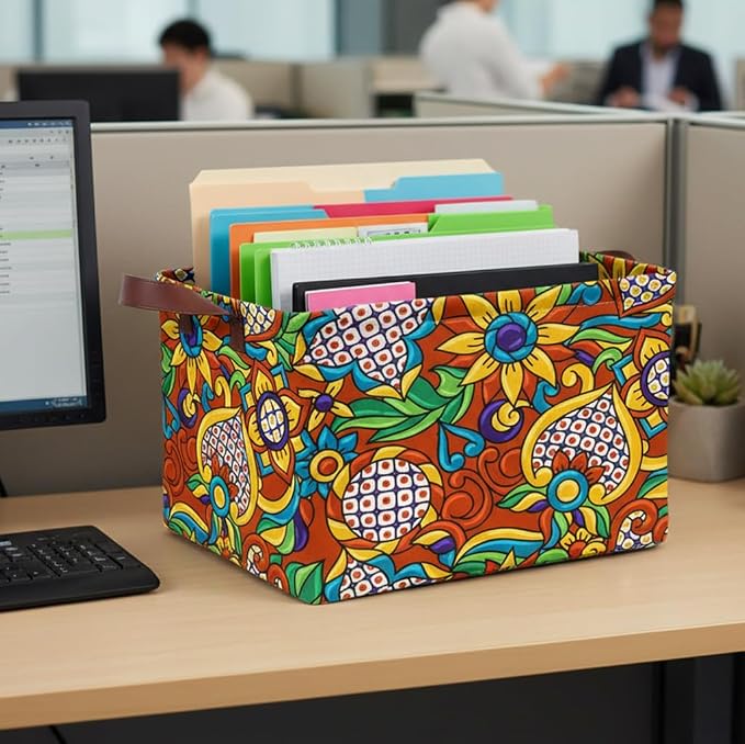 Mexican Talavera Storage Basket Waterproof Canvas Toy Storage Bin Mexican Decor Collapsible Outdoor Basket with Leather Handles Talavera Decor Blanket Baskets For Closets,Bedrooms,Gifts Baskets - Image 7