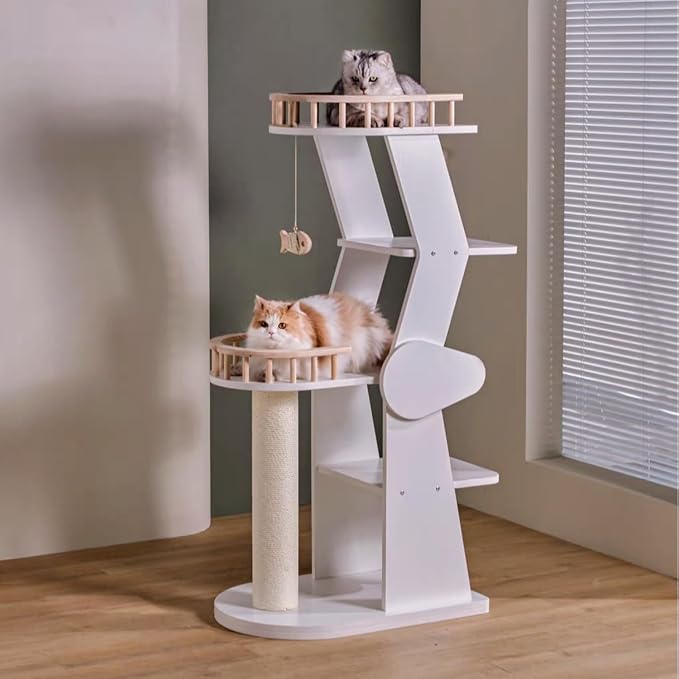 SHENGOCASE Modern Wooden Cat Tree Tower for Window Viewing Watching, 54.3 Inches Tall, 5-Level Large Perch Platform with Sisal Scratching Post, White by SHENGOCASE