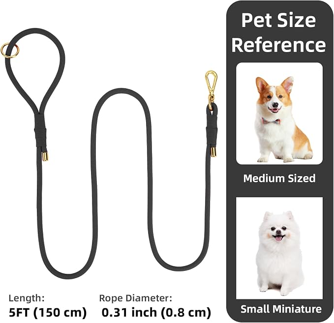 5FT Dog Leash 5/16 inch Puppy Cat Rope Lead | Black, with Anti-tangle Swivel Clip, Comfortable Non-slip Grip Handle, Ideal for Daily Walks, for Small Medium Dogs - Image 2