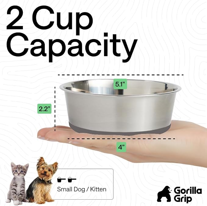 GORILLA GRIP Dog Bowls, Food Grade Stainless Steel, Set of 2, 2 Cup, Gray | 304 Stainless Steel Pet Feeding Bowls Hold 16 fl oz Each, Dishwasher Safe, Rust Resistant, BPA Free Rubber Base - Image 4